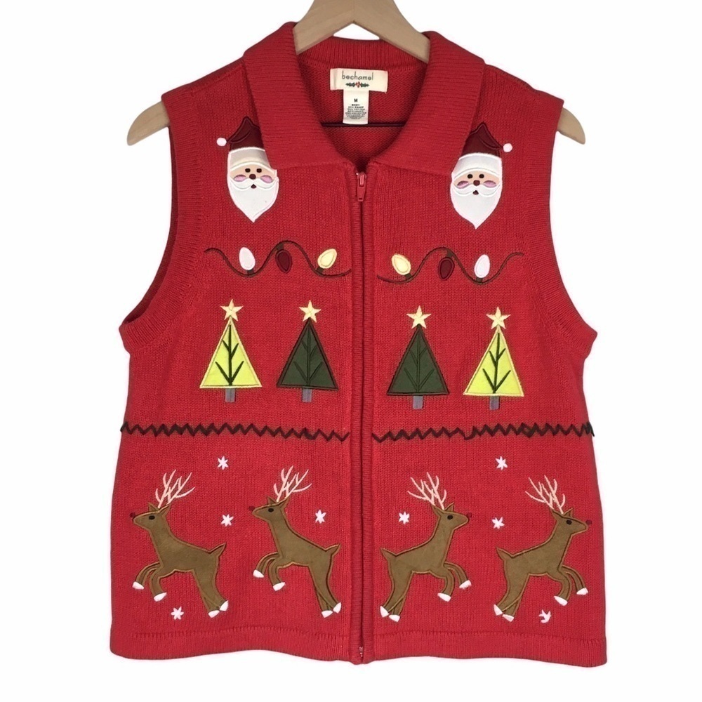 BECHAMEL Vest Christmas Holiday Appliqué Full Zip Ugly Sweater Party Size Medium